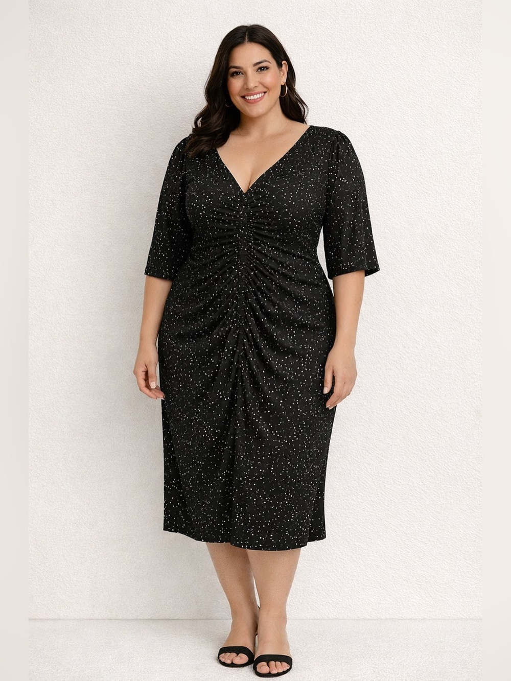 Leota Black Speckled Ruched V-Neck Long Sleeve Dress